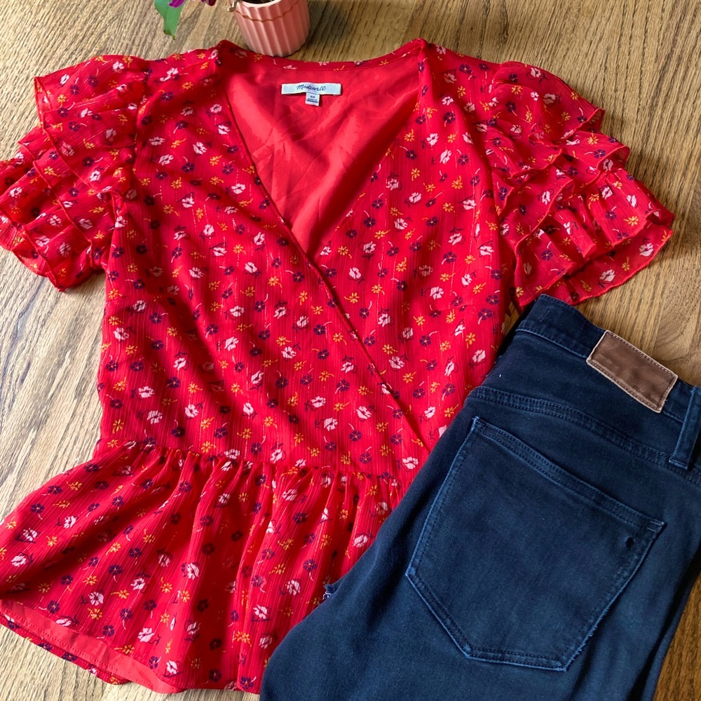 Madewell Tiered-Sleeve Peplum Top in Metallic Prairie Posies